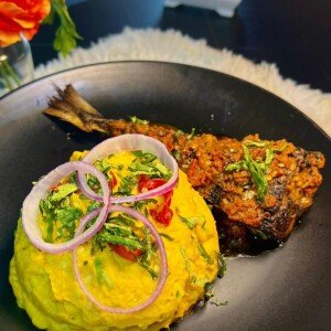 Ukwa served with half grilled fish.