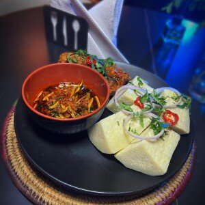 White yam and half grilled fish.
