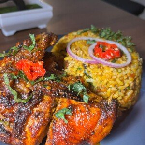 Native rice with well grilled chicken